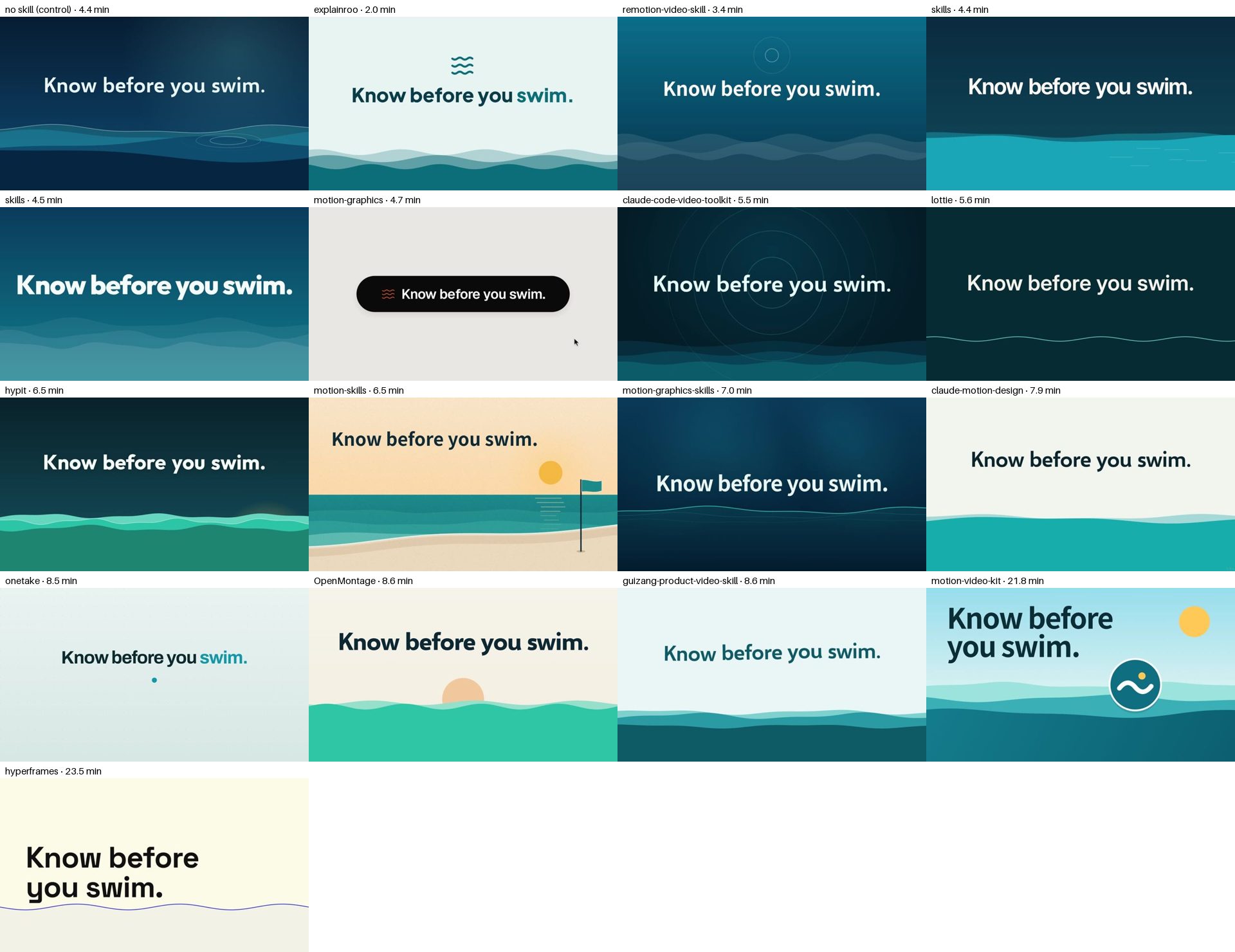 The opening line of every film; the one made with no skill is top left. The films play on the page.