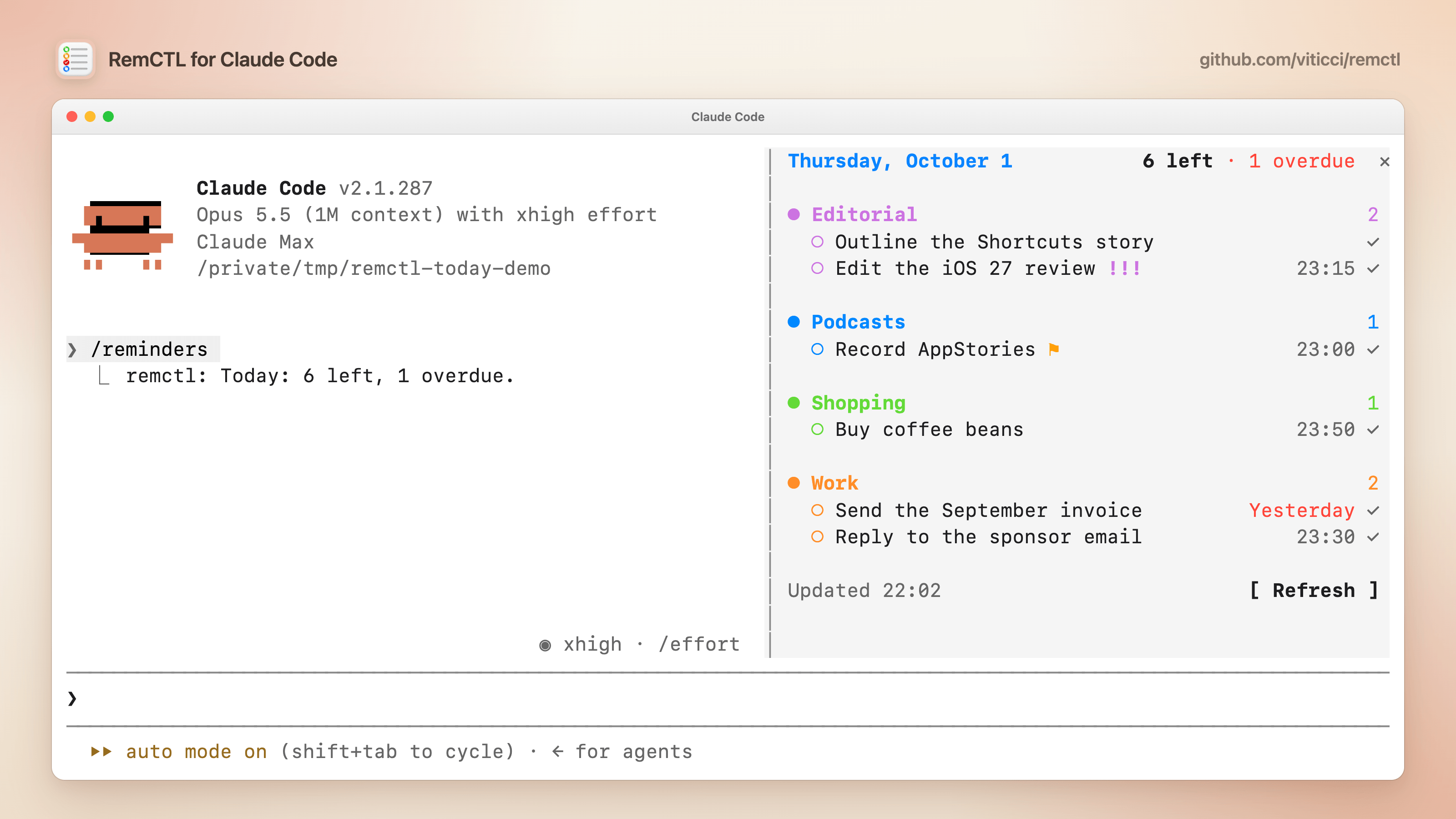 The /reminders pane docked beside the conversation
