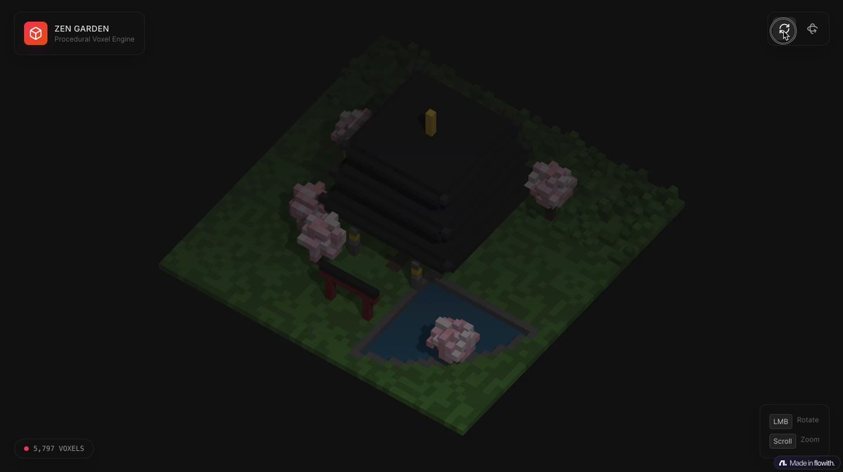 Voxel-art pagoda garden single-file HTML scene - Image 1