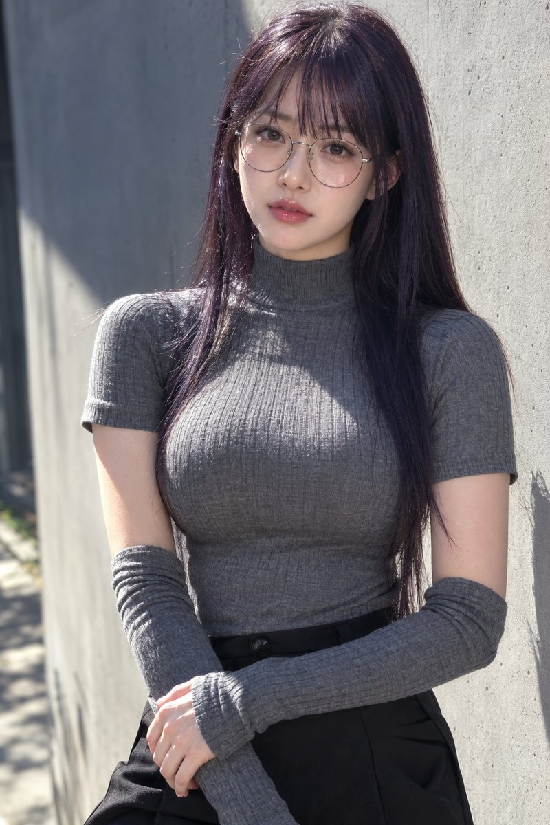 Social Media Post - East Asian Woman in Gray Turtleneck Concrete Wall - Image 1