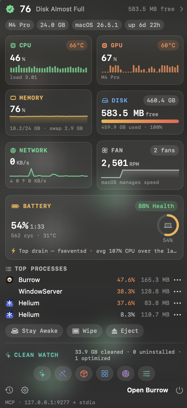 Menu-bar HUD — health, metric tiles, top processes, and live job status