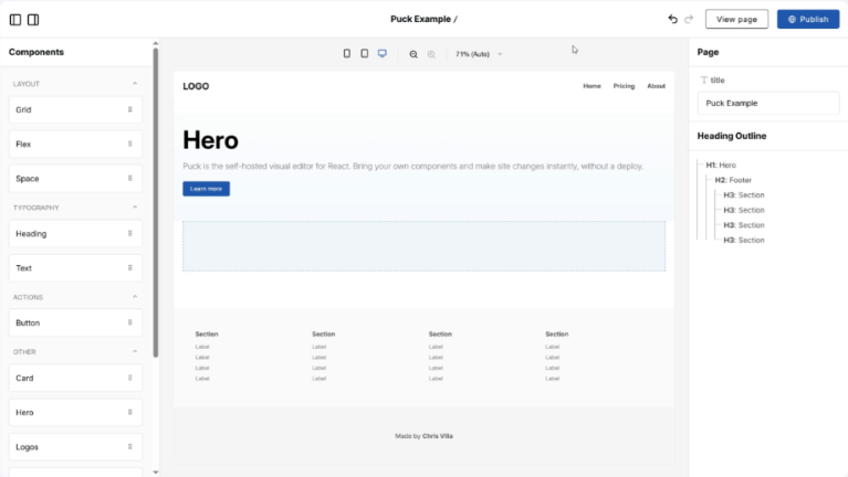 GIF showing a page being created in the Puck Editor, with components being added, arranged, and customized in real time