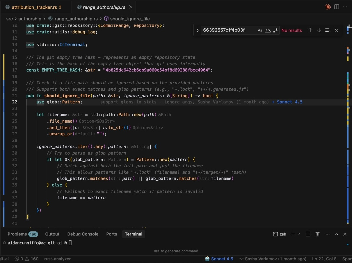 Git AI VS Code extension showing color-coded AI blame in the gutter