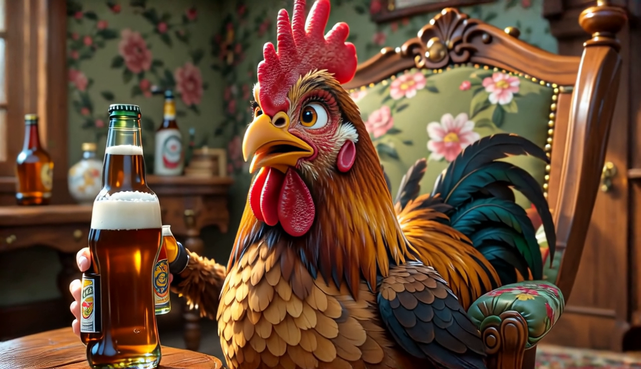 SANA-Video 2.0 5B release demo: a cartoon rooster holding a beer bottle in a floral vintage room