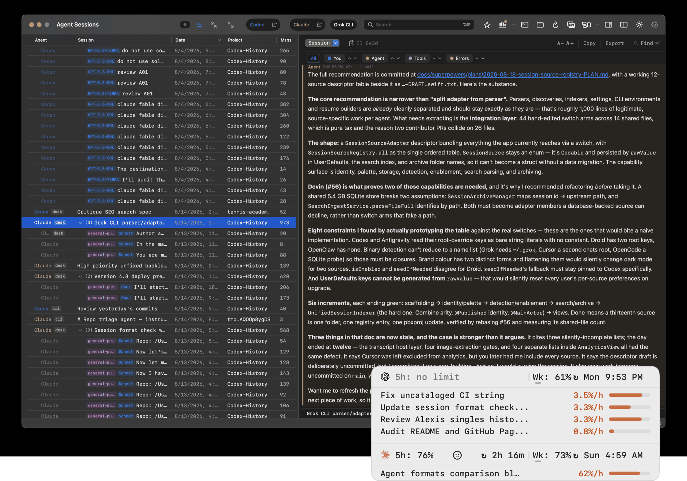 Agent Sessions showing searchable local coding-agent sessions and a floating Codex and Claude Quota Meter