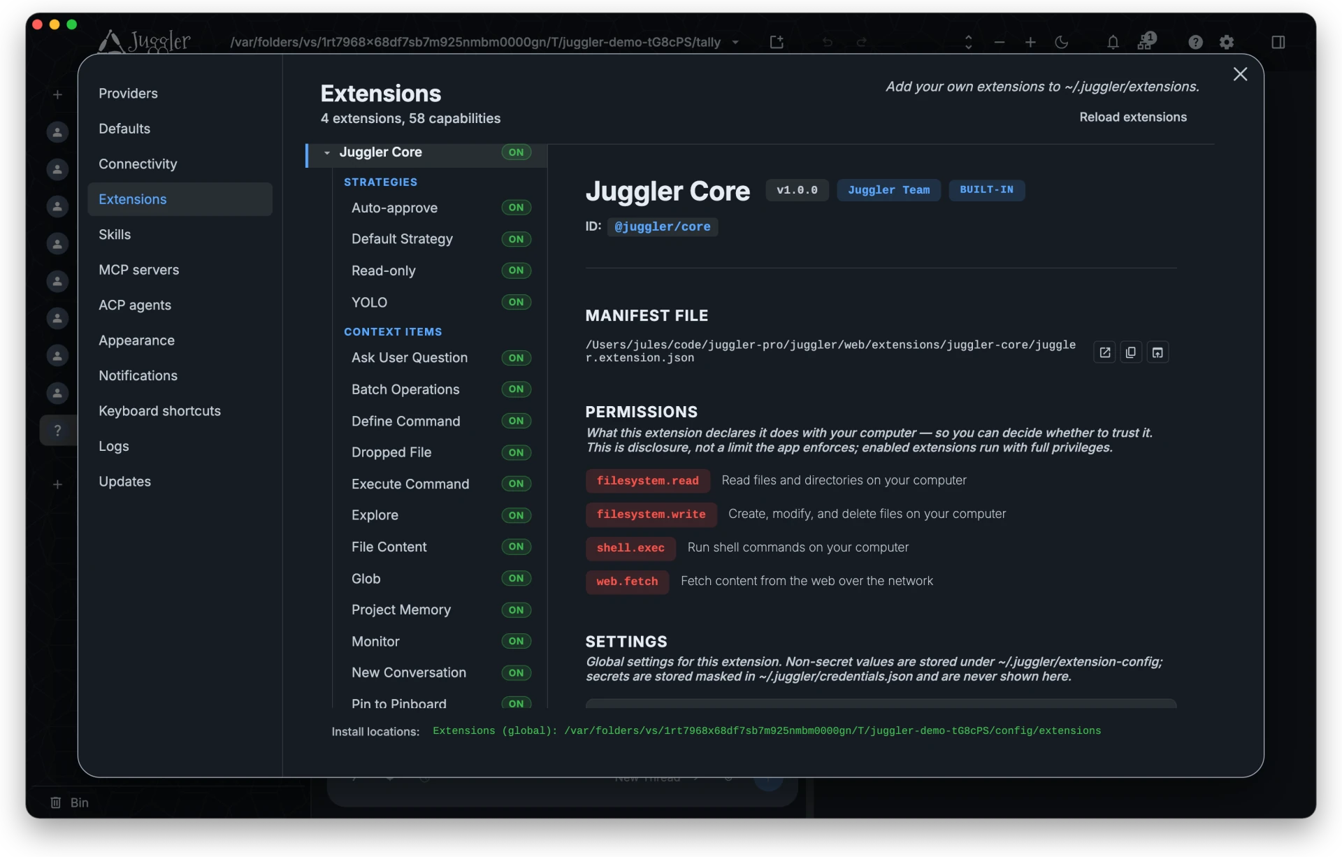 Juggler showing LLM-facing tools defined as extensions