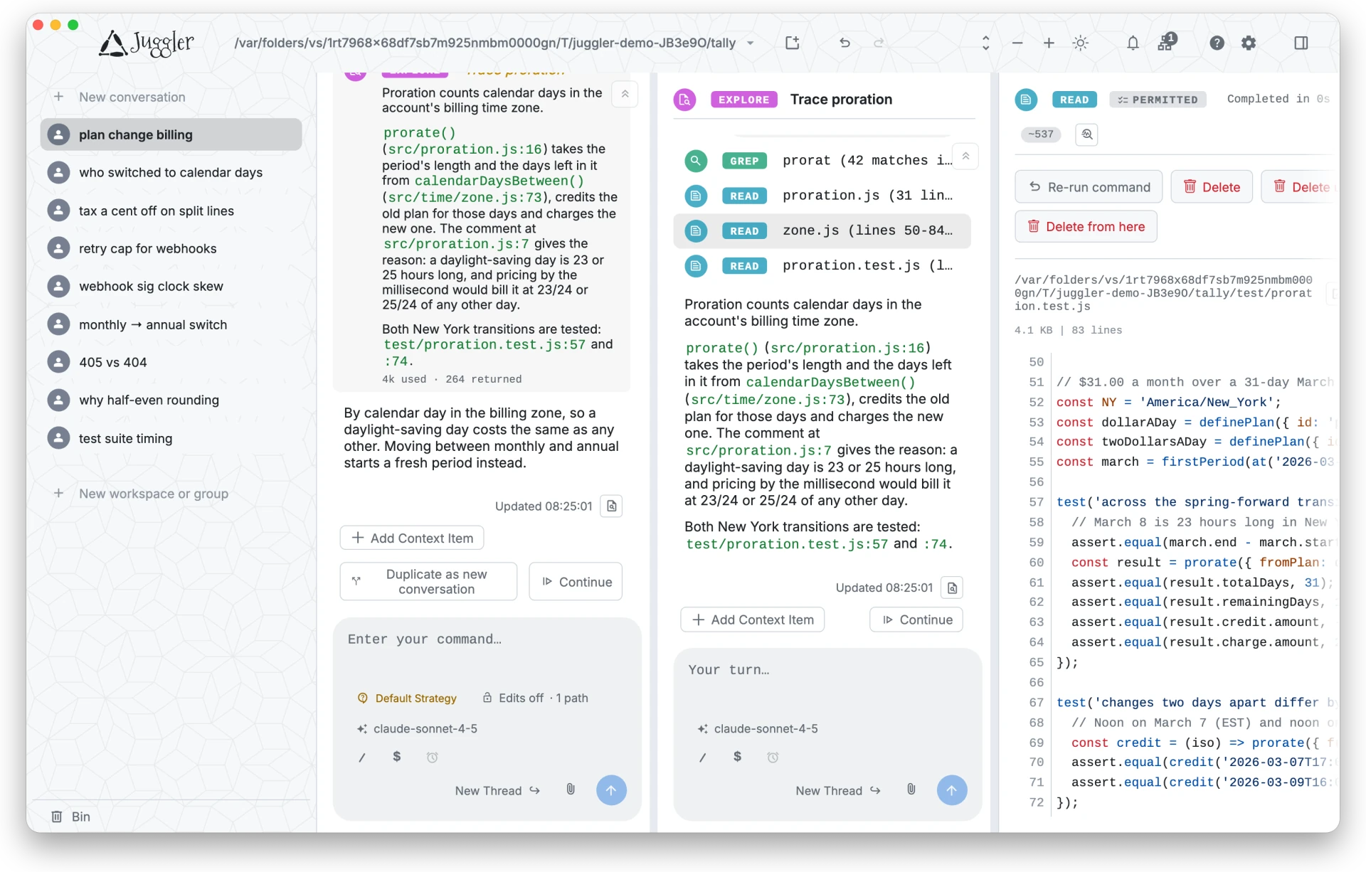 Juggler's Miller-column workbench showing tool calls, item properties and nested sub-threads