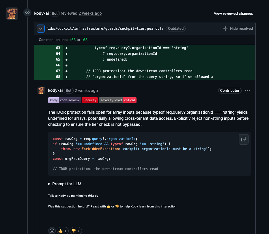 Kody detecting a critical IDOR security issue in a pull request review
