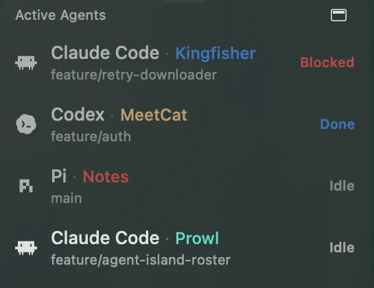Active Agents panel listing Claude Code, Codex and Pi with Blocked, Done and Idle states