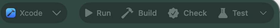 Toolbar with an Xcode button and Run, Build, Check and Test command buttons