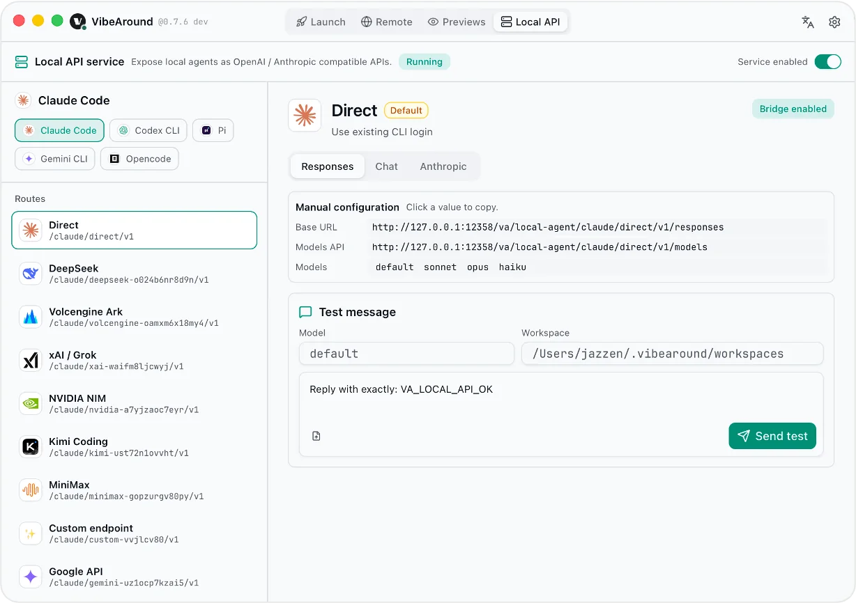 VibeAround Local API Workbench for testing coding agents as APIs