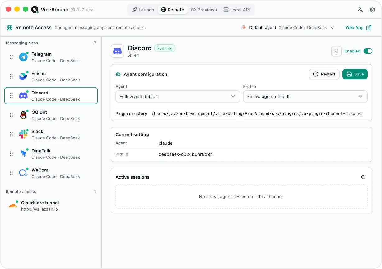 VibeAround Remote Access settings for messaging apps and Cloudflare tunnel