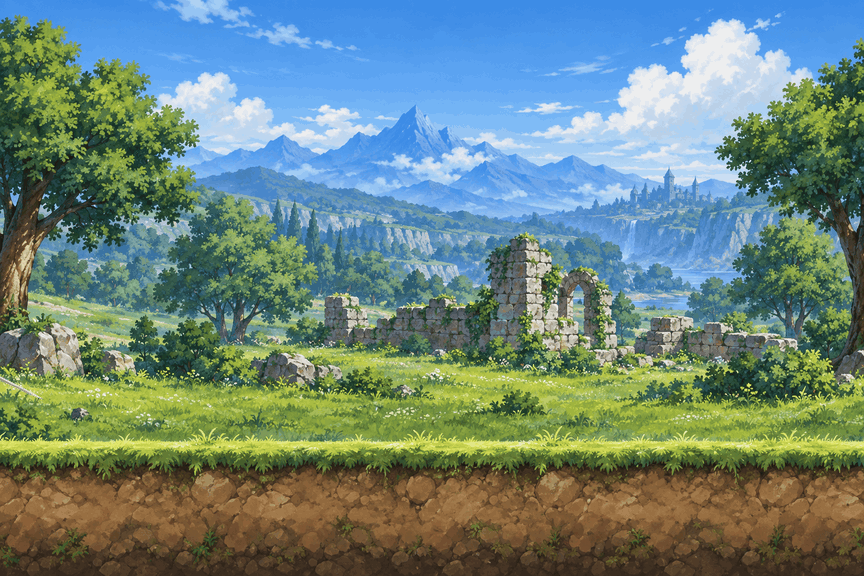 Aria runs across a generated meadow, stops for a sword thrust and runs on