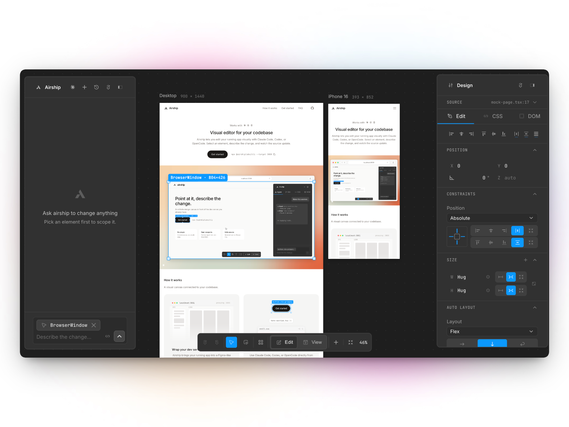 The canvas, with a desktop frame and an iPhone frame side by side, the agent panel on the left and the inspector on the right