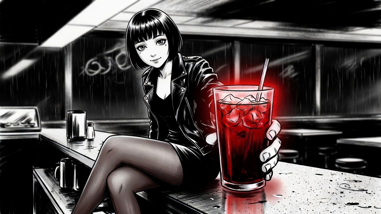 冷咖啡黑白漫画主视觉,夜班吧台和一杯冰美式