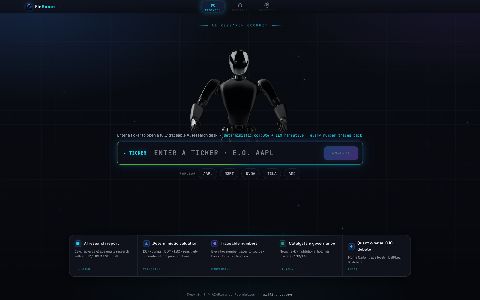 FinRobot Desktop — the research cockpit: enter a ticker to open a fully traceable AI research desk