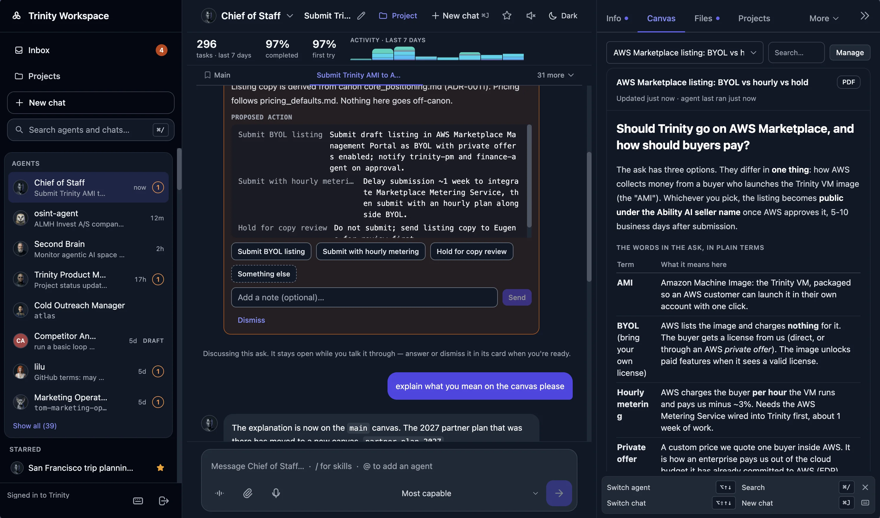 Workspace: a chat with an ask card and the canvas rail