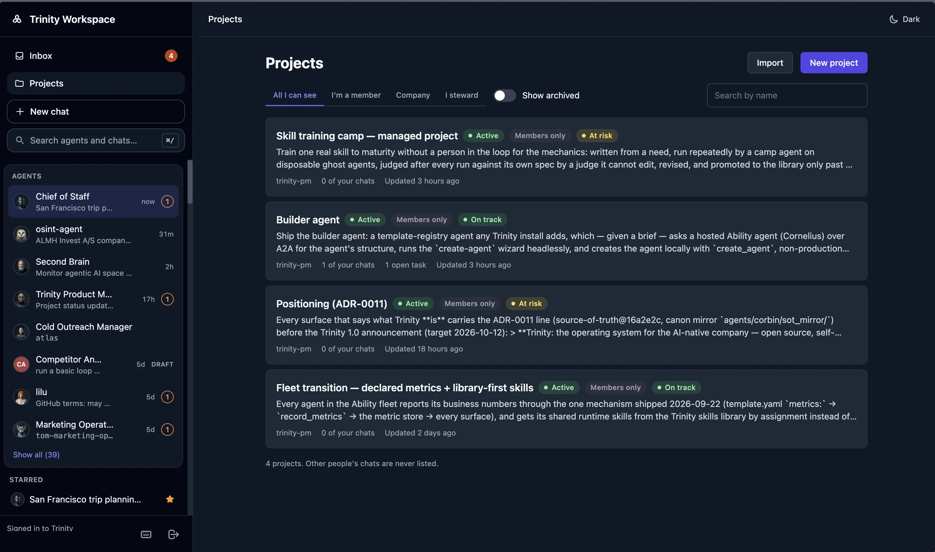 Workspace Projects list