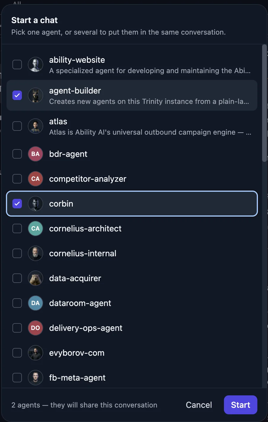 Start a chat with one or several agents
