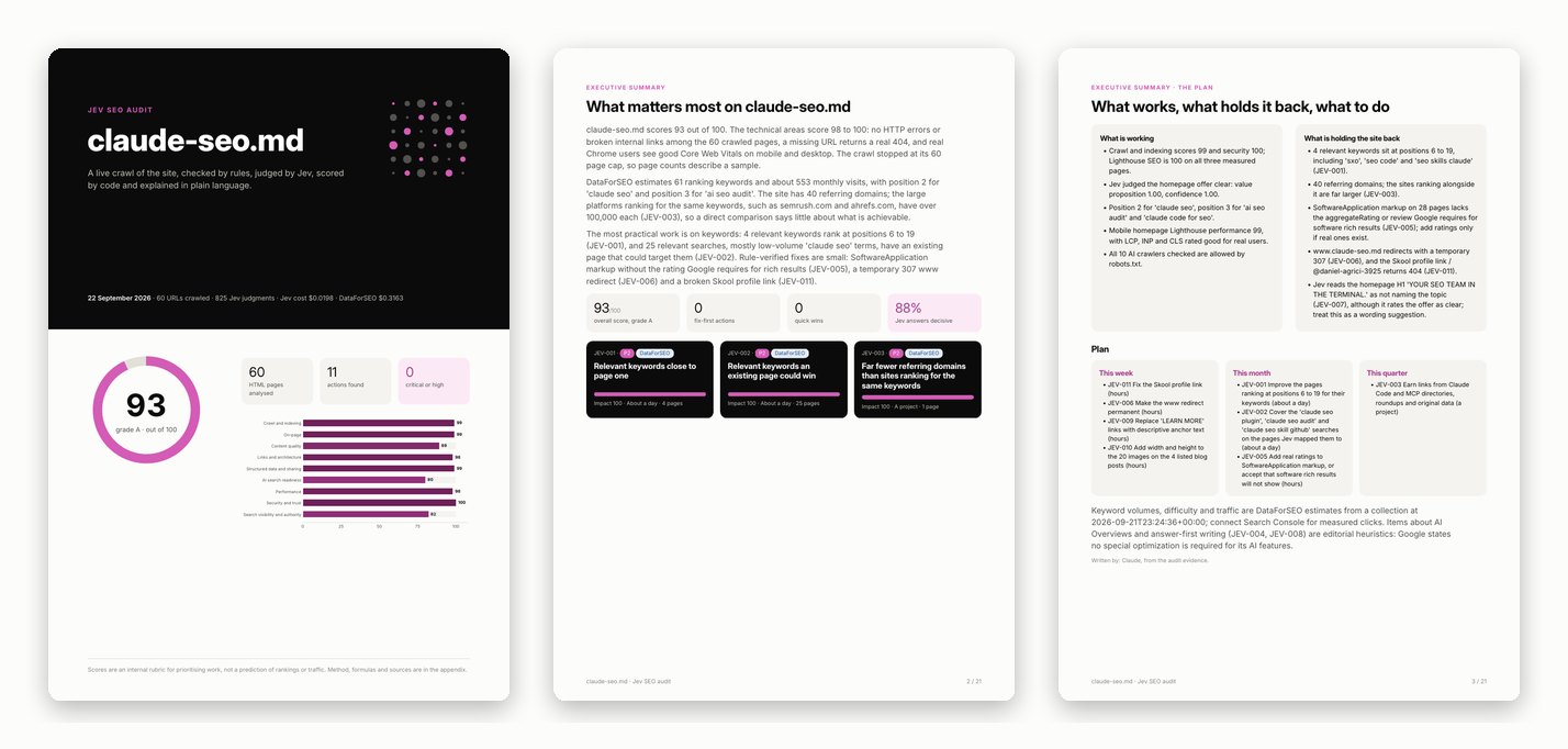 Cover, executive summary and plan of a jev-seo PDF report
