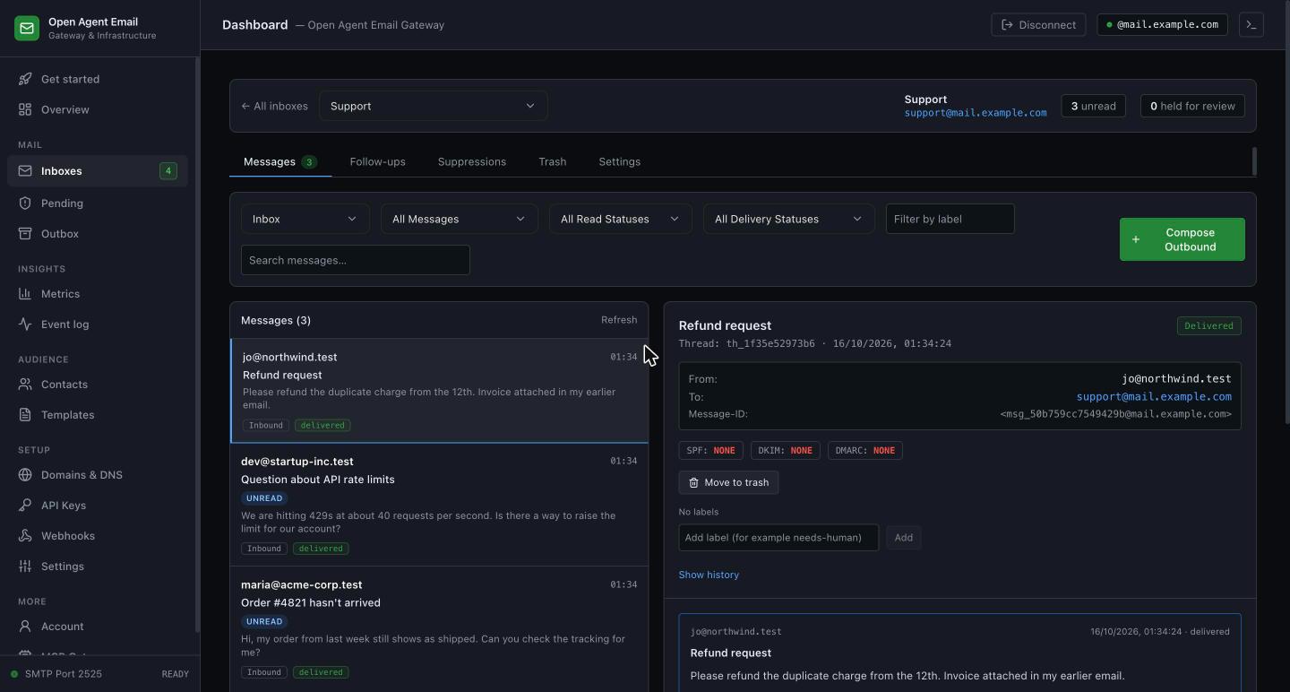 The Open Agent Email dashboard showing an inbox with three messages