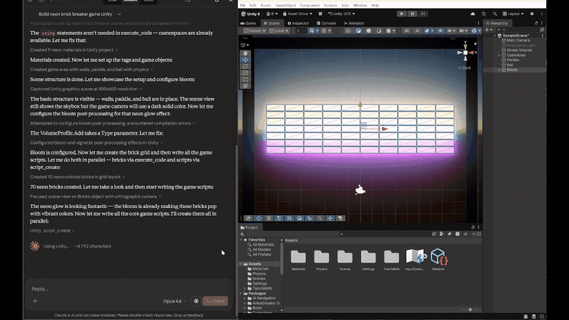 Watch the AI assistant build a neon brick-breaker prototype in the Unity Editor