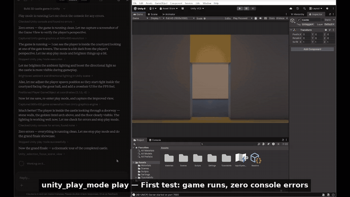 Recorded Unity MCP workflow constructing a castle and testing its lighting and walkthrough