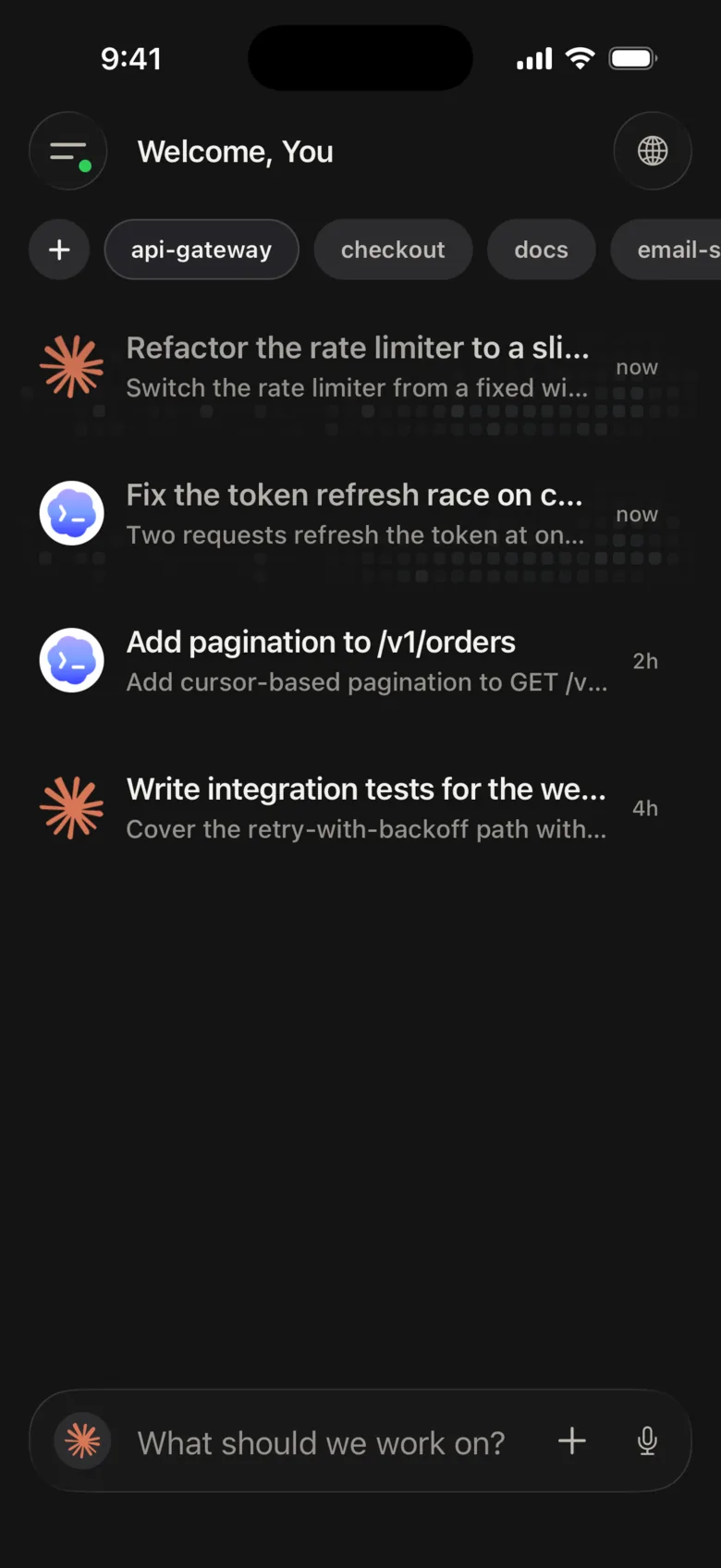 omg.dev iOS app home screen: agent sessions across several repositories