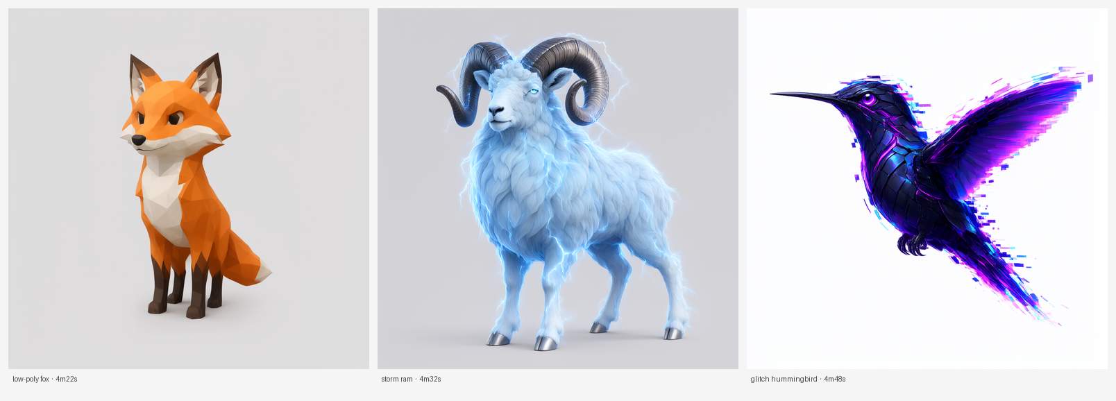 Three creatures generated from text prompts on a laptop, about four and a half minutes each