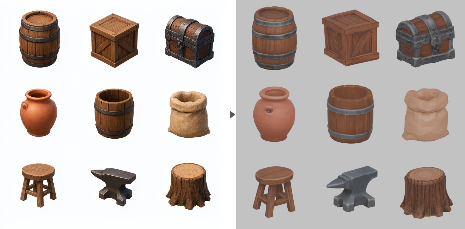 A generated 3x3 sheet of medieval props, and the nine separate game-ready props made from it