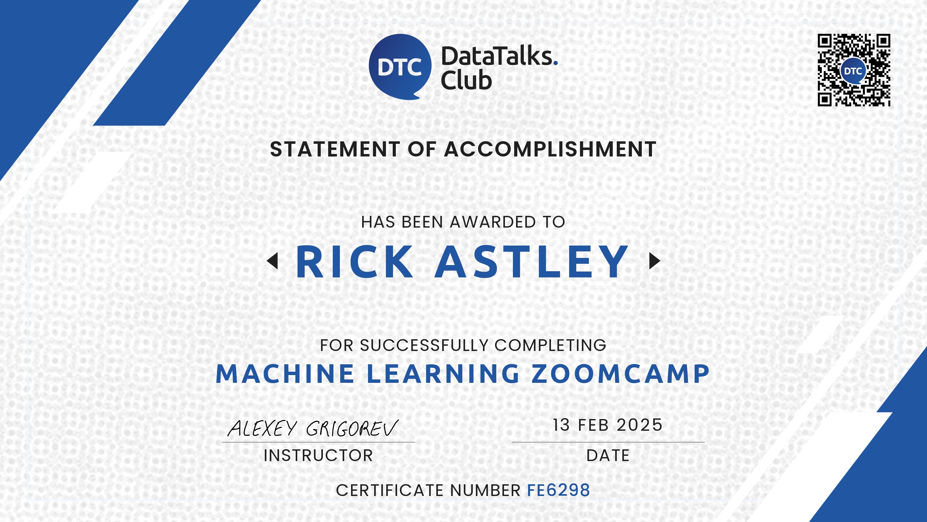 Machine Learning Zoomcamp certificate of completion