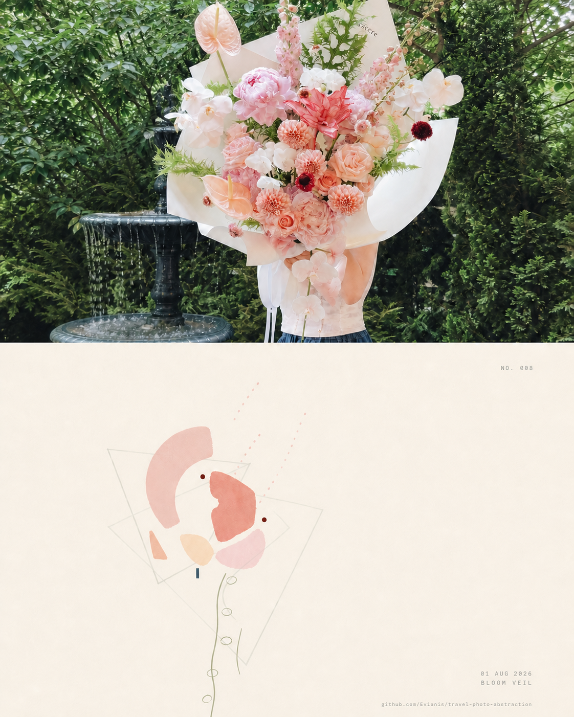 A bouquet reduced to layered color masses, stems, and small accents