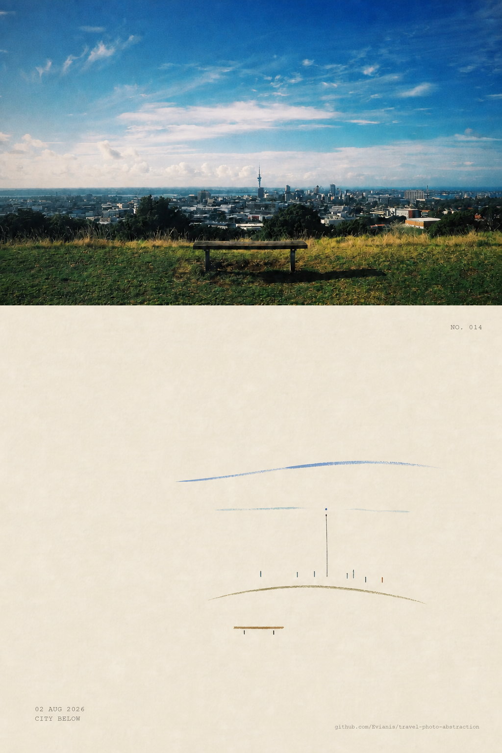 A city viewpoint reduced to horizon arcs, tower axis, skyline marks, and a bench