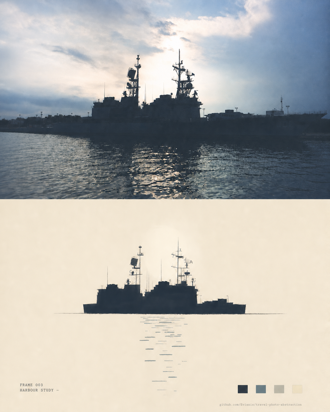 A harbour vessel reduced to a dark silhouette and reflected strokes