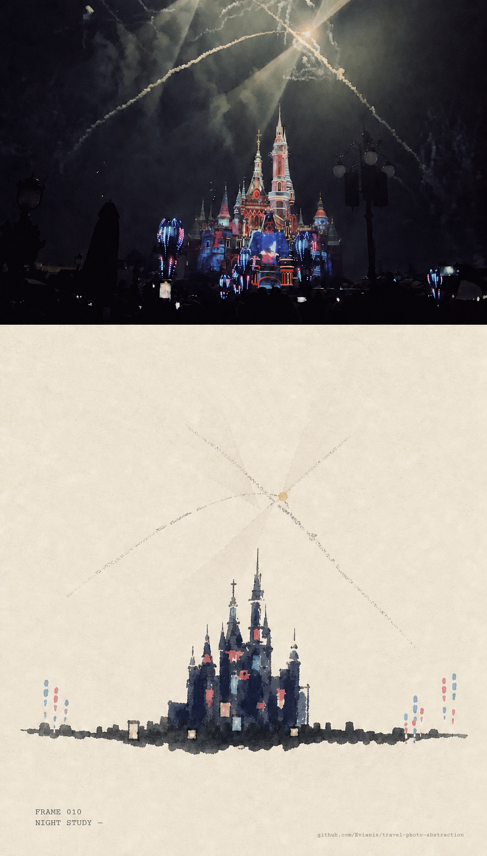 A night castle and fireworks reduced to a stable silhouette and crossing light paths