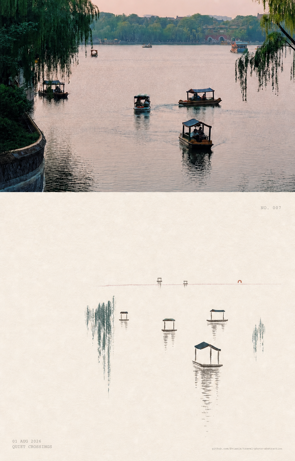 Several lake boats preserved through their relative positions, scales, and reflections
