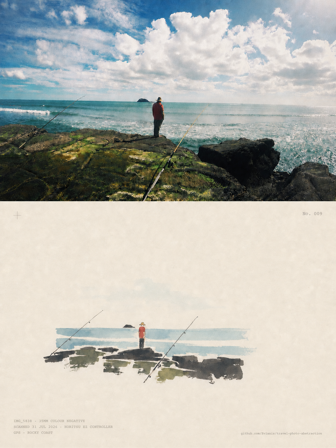 A coastal fishing scene reduced to horizon bands, figure, rocks, and rod diagonals