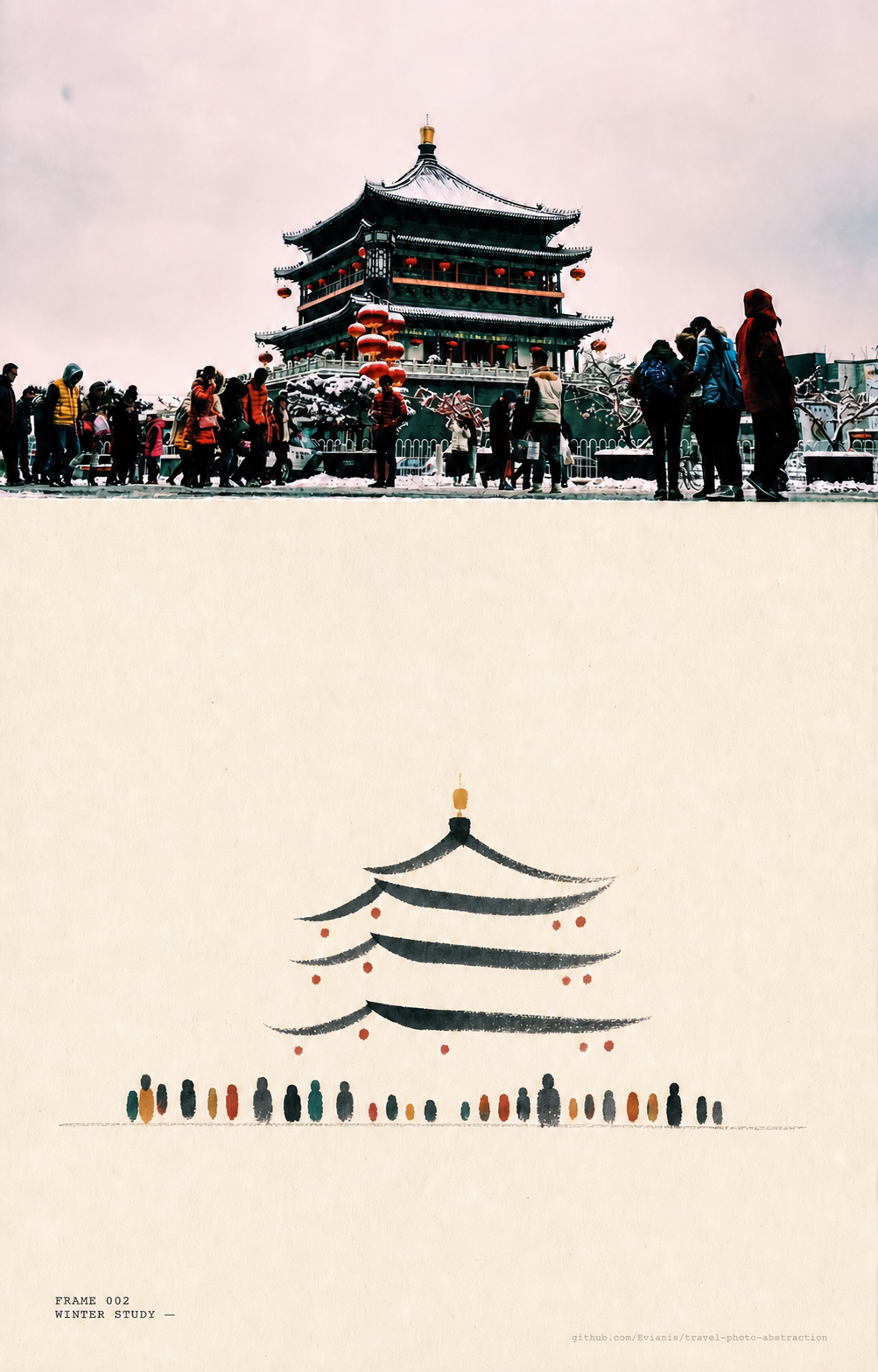 A winter tower and crowd reduced to tiered roof strokes and irregular human marks