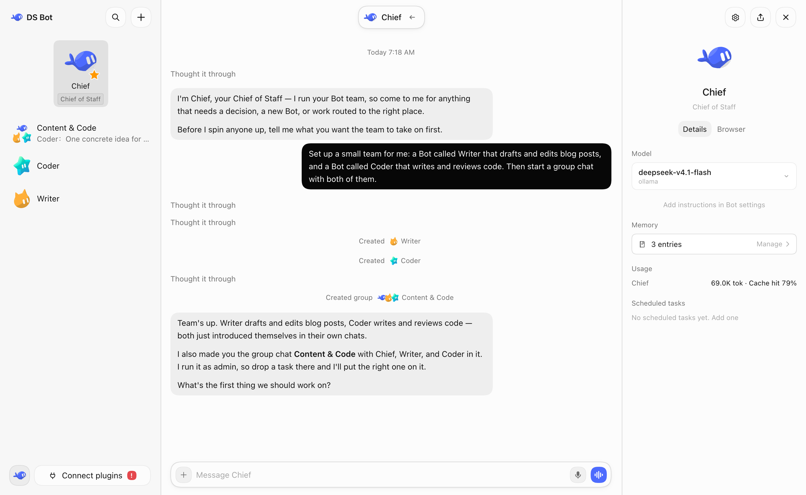 Bot details: model, memory, usage