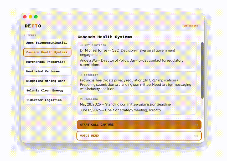 Detto, selecting clients and viewing briefing panels