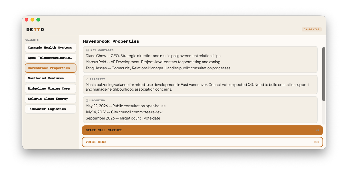 Detto, idle state with client briefing