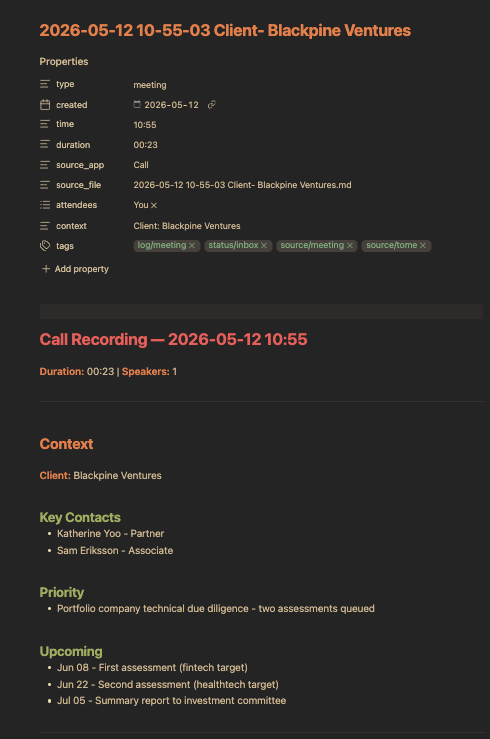 Vault note with YAML frontmatter and transcript