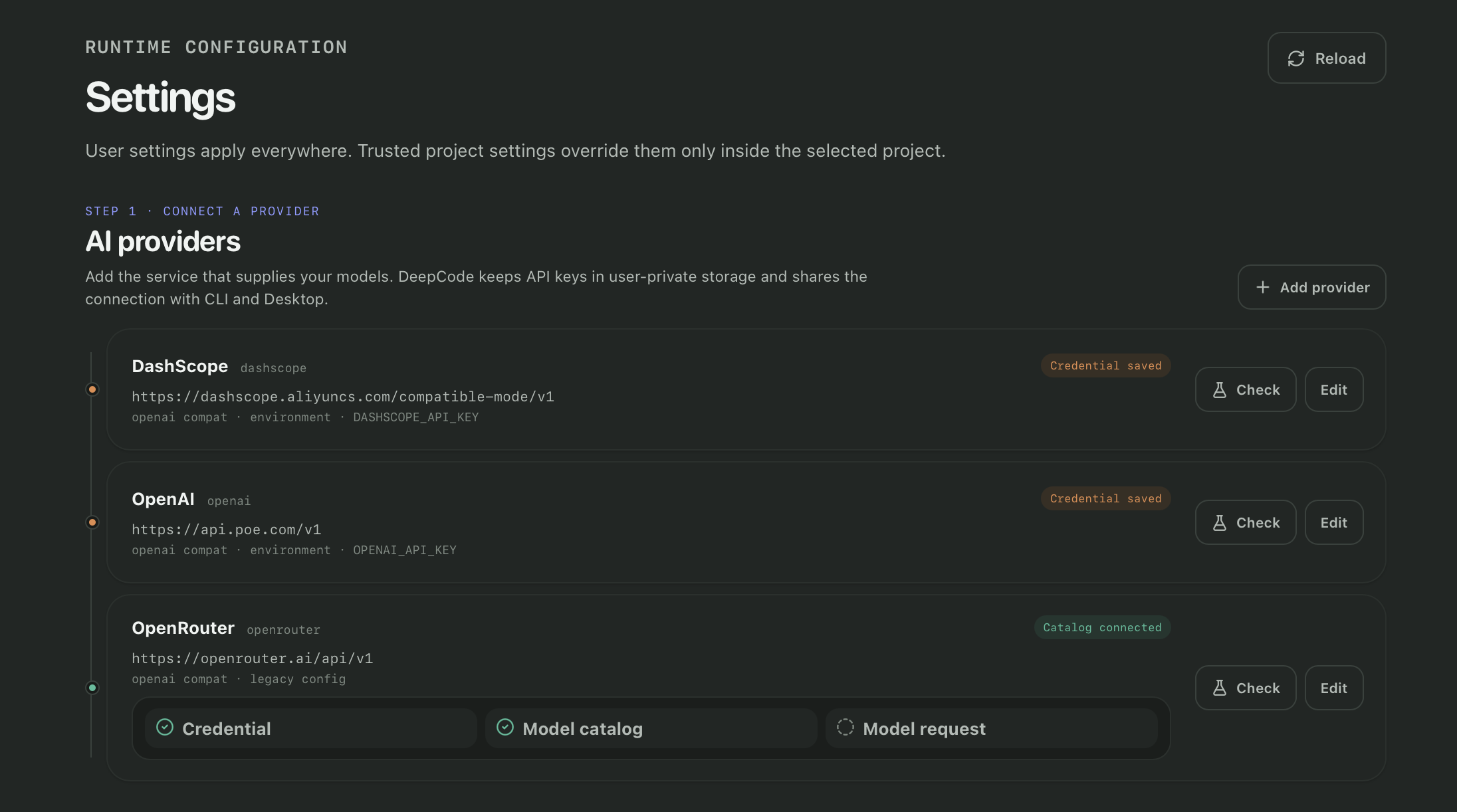 Choose a provider and model in DeepCode settings