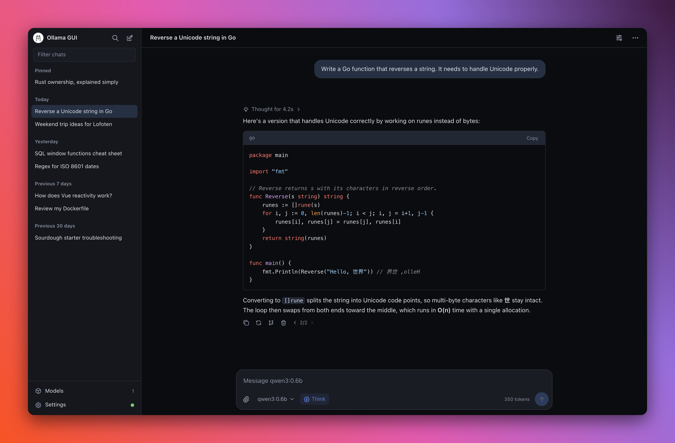 Ollama GUI showing a chat with a thinking model, a highlighted Go code block and the chat list grouped by date