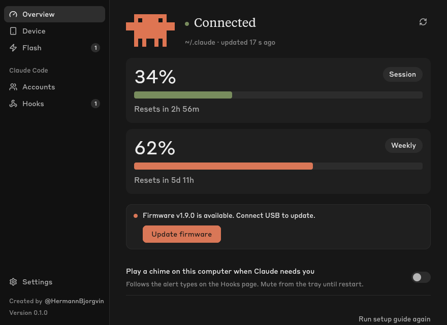 Clawdmeter desktop app showing device status and usage