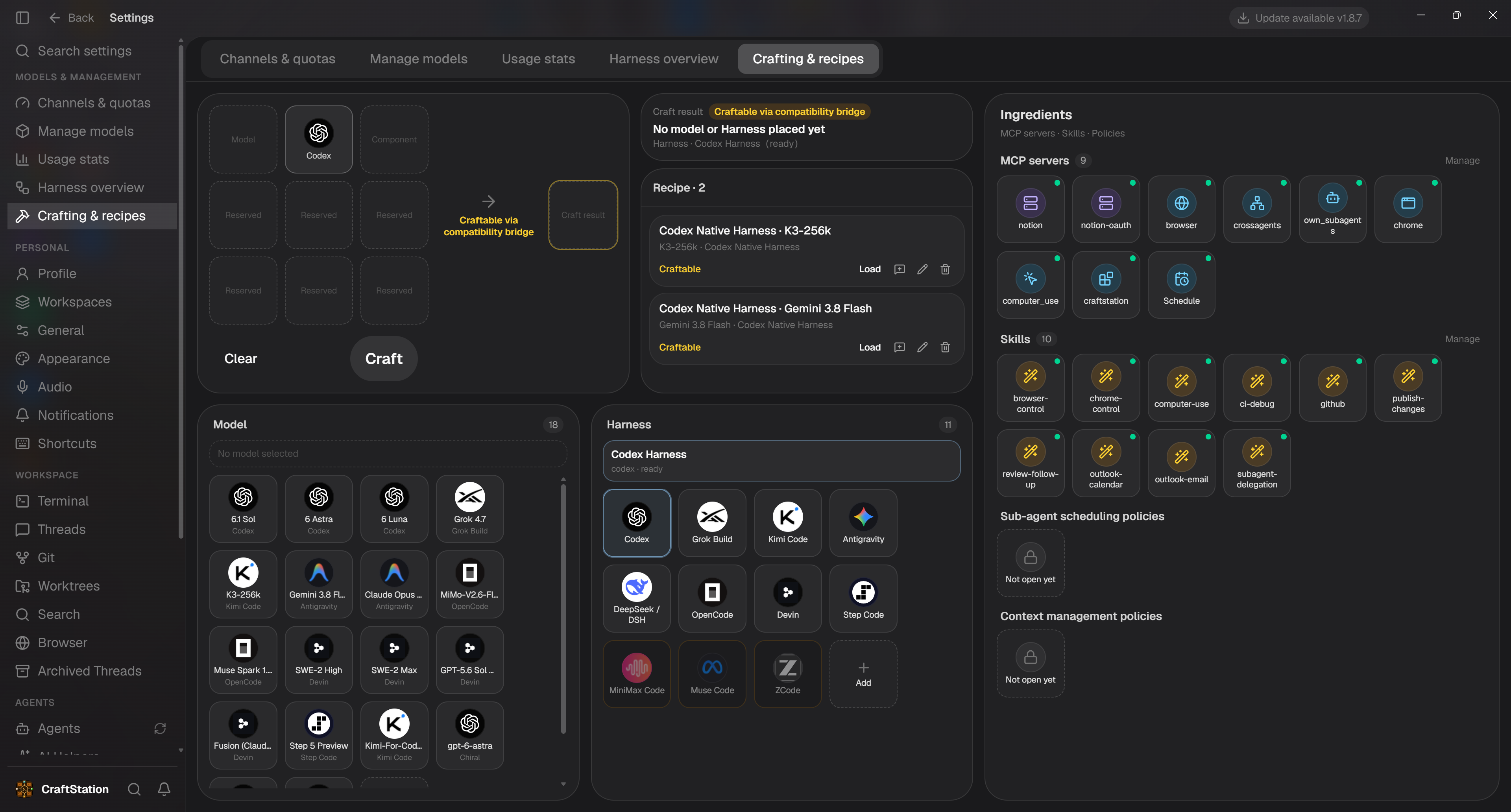 Crafting workbench with Model and Harness inventories, saved Recipes, MCP servers, and Skills