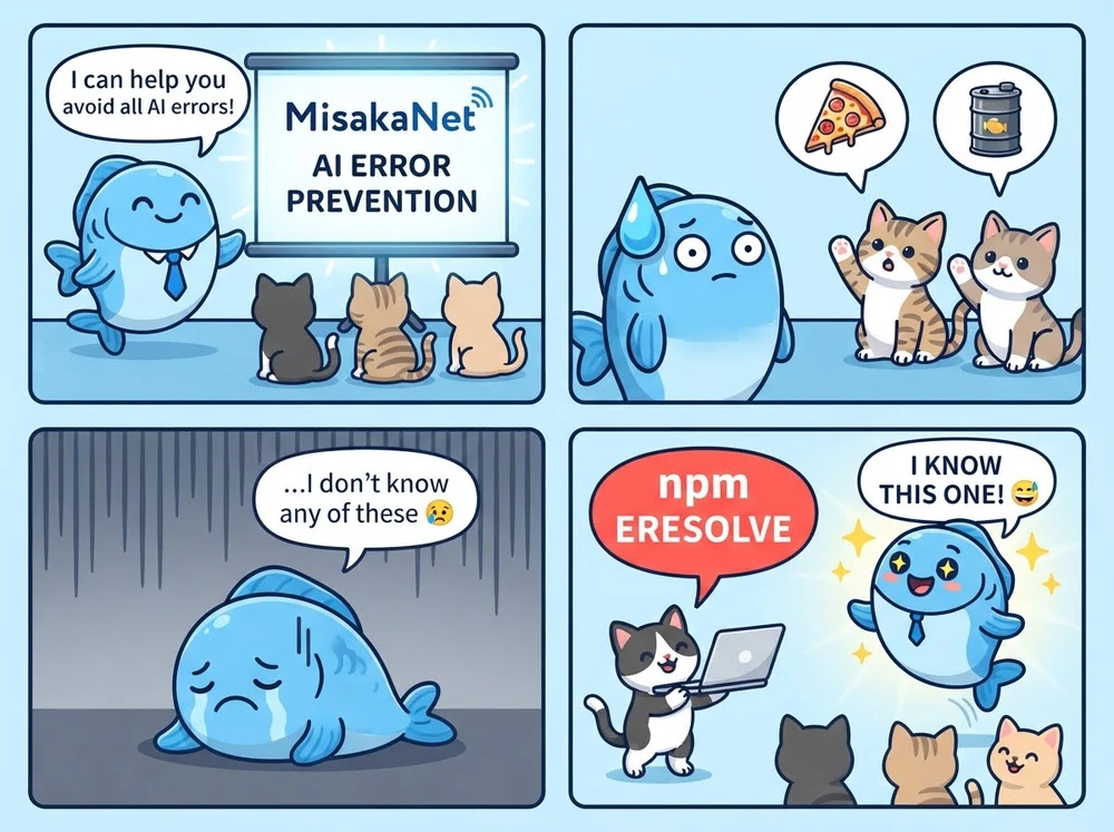 Four-panel comic: an agent asks about a failure, gets an indexed lesson back, or gets "no_match" and a ready-to-call intake form