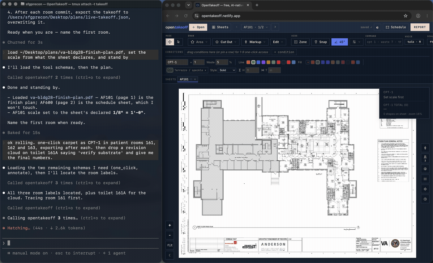A real run, real time at 3×: an AI agent in a terminal one-clicks three patient rooms on a VA medical center finish plan over MCP; each export lands in the web app as dashed pencil proposals, and the operator accepts them — 743.64 SF, pencil to ink
