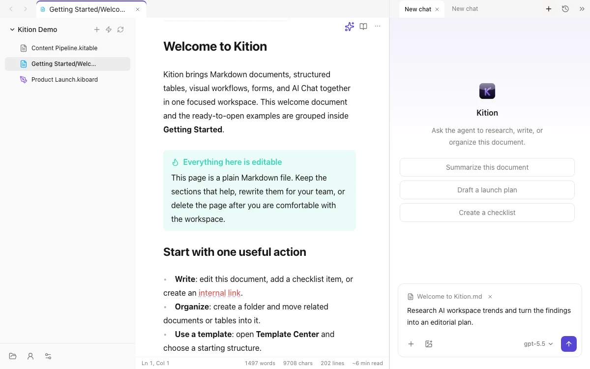 Kition Agent working beside a document and saving a result into the workspace