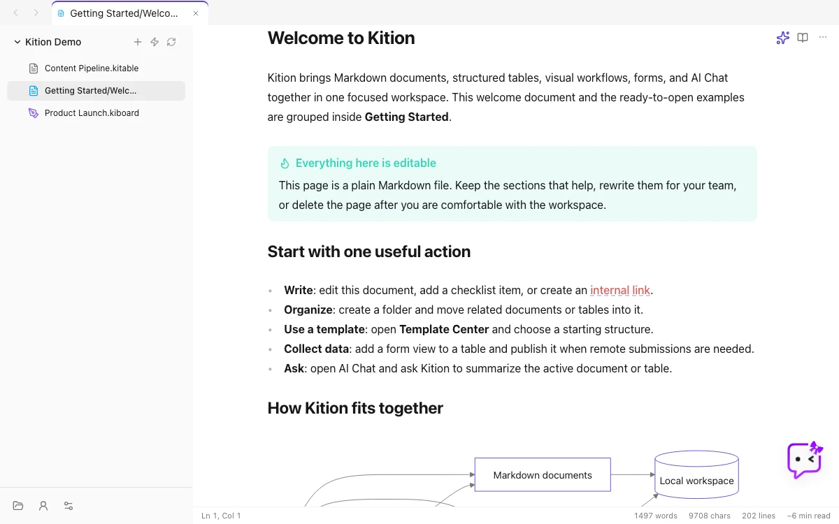 Kition document editor showing Markdown content and workspace navigation